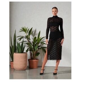 ASTR the Label Black Lace Mock Neck Long Sleeve Midi Dress Womens XS